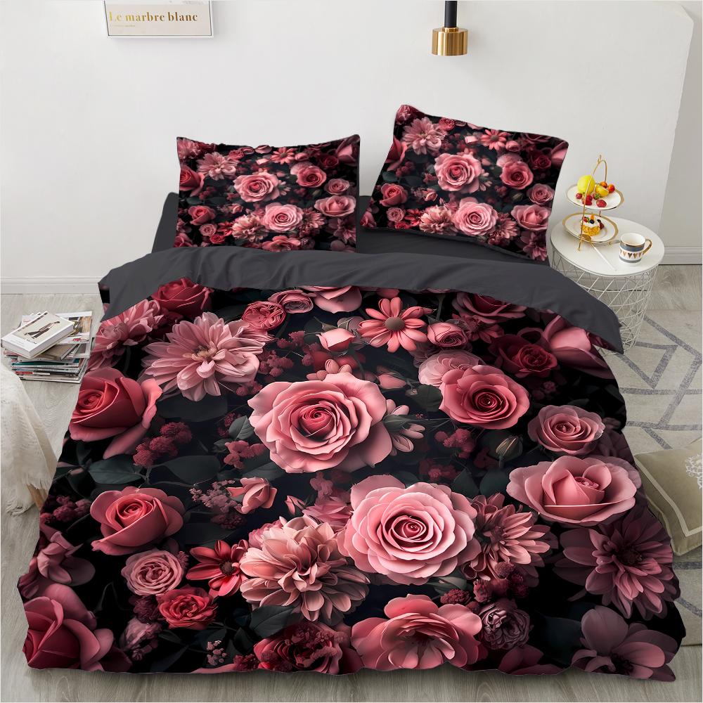 Colorful Rose 3D Printed Pattern 3pcs Single Double Queen Quilt Cover Pillowcase Bedding Set
