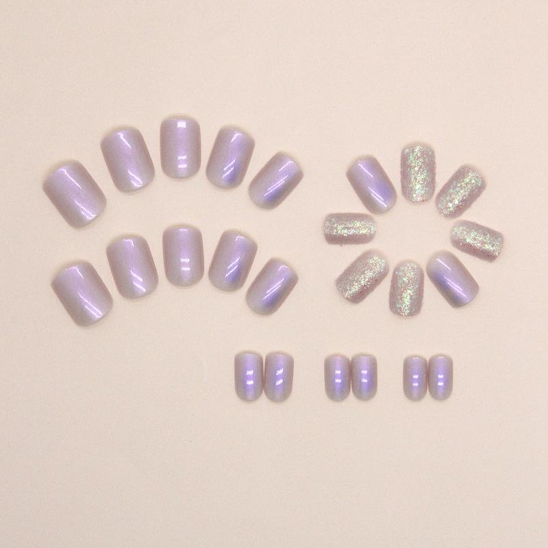 Short Fairy Energy Aurora Purple Manicure Summer Heart Ice Glitter Powder Lavender Fake Nail Girl Manicure