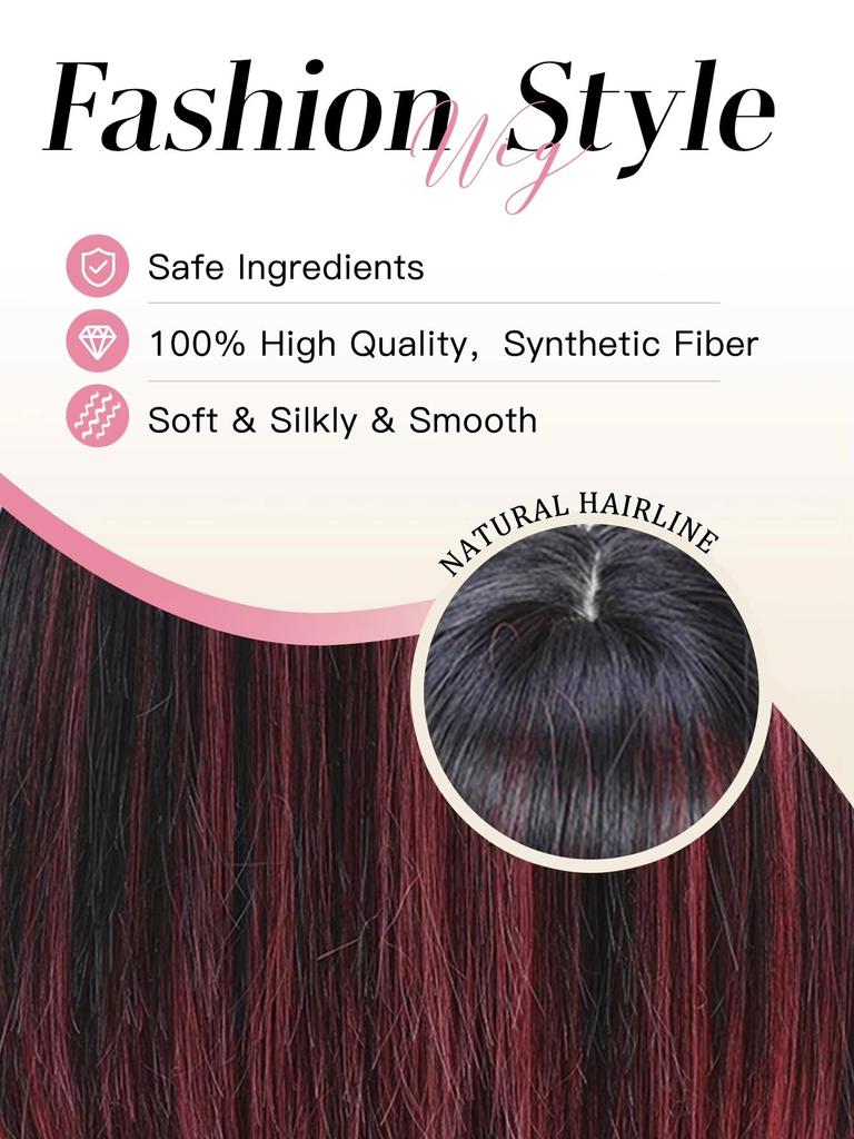 ALAN  EATON Brown Black Highlight Watermelon Red Synthetic Wig Long Straight Multicolor WIg with Bangs Hollywood Cosplay Wig For Women Party