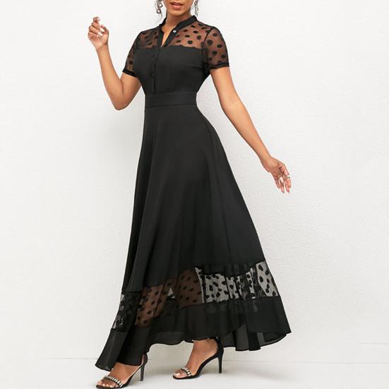 Women Summer Dress Mesh Dot Pattern V Neck Chiffon Slim Large Hem