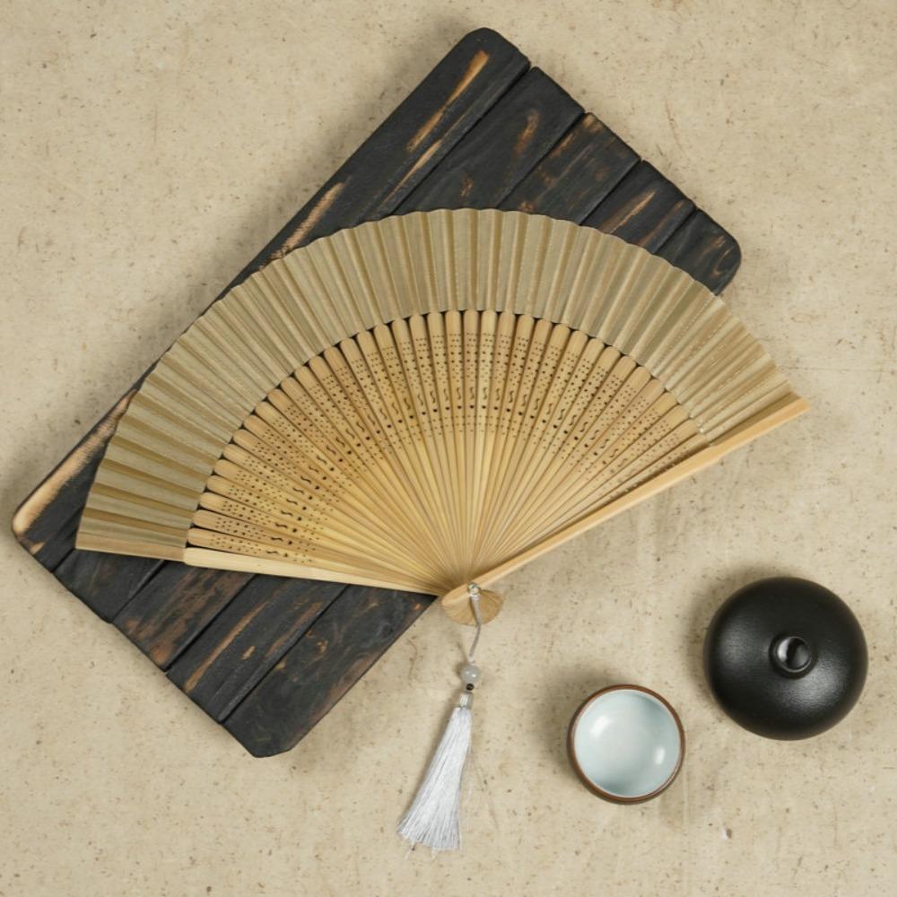 Decorative Fan Carved Handle Bamboo Folding Fan with Tassel Handhold Chinese Fan Vintage Dance Fan Photo Props