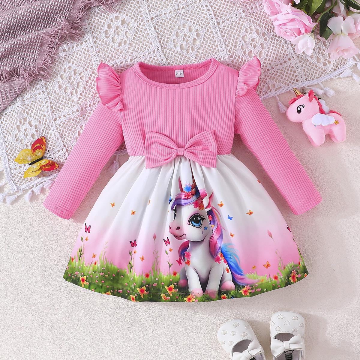 Girls  Unicorn Print Long Sleeve Dress with Bow 3-6M розовый гвоздики