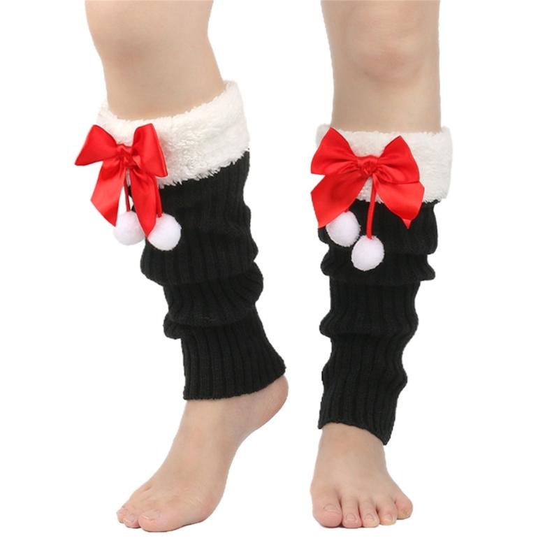 Christmas Fleece Trim Warm Leg Warmers Sweet Plush Balls Bows Knitted Boot Covers Festival Footless Socks for Women
