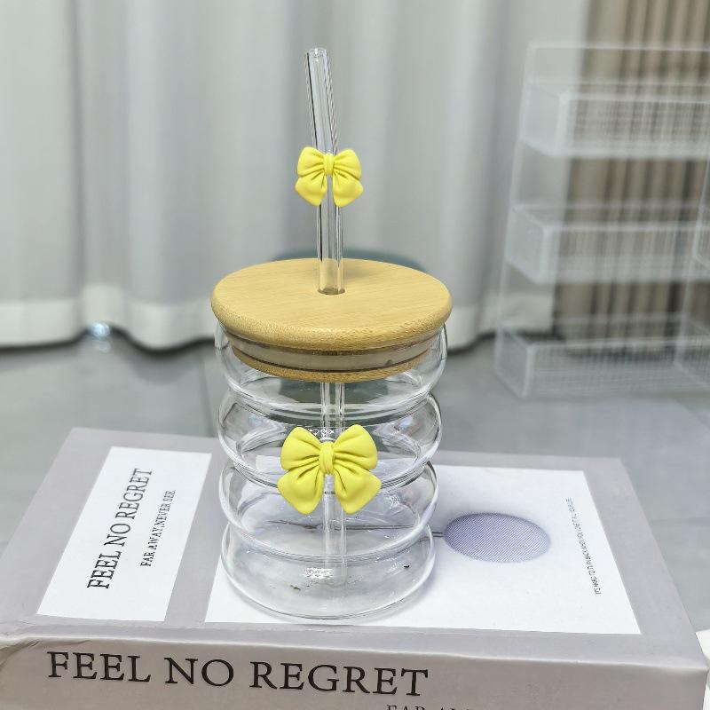 Sløyfe Glass Søt Vannkopp Tegneserie Sløyfe Glasskopp Stripete Søt Doodle Kaffekopp Husholdning Fruktte Sitronade Jentegave