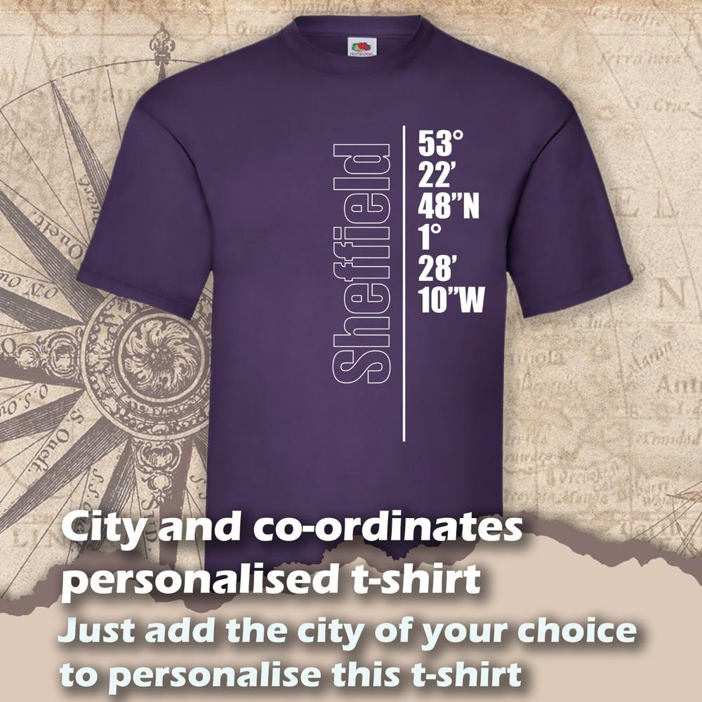 

City Co-ordinates Personalised (Sheffield T-Shirt Birthday Gift Size S3XL Unisex T-Shirt XXXL