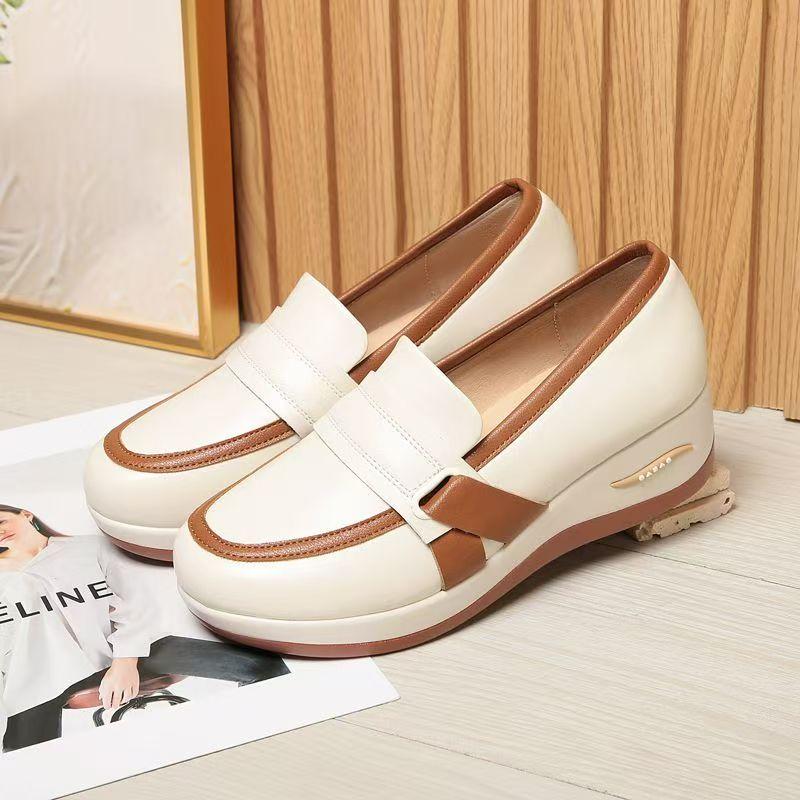 

Women s Genuine Leather Big Size Wedges Shoes Spring Autumn New Thick Sole Round Toe Shallow Slip On Work Shoes Commuter Shoes 35 бежевий