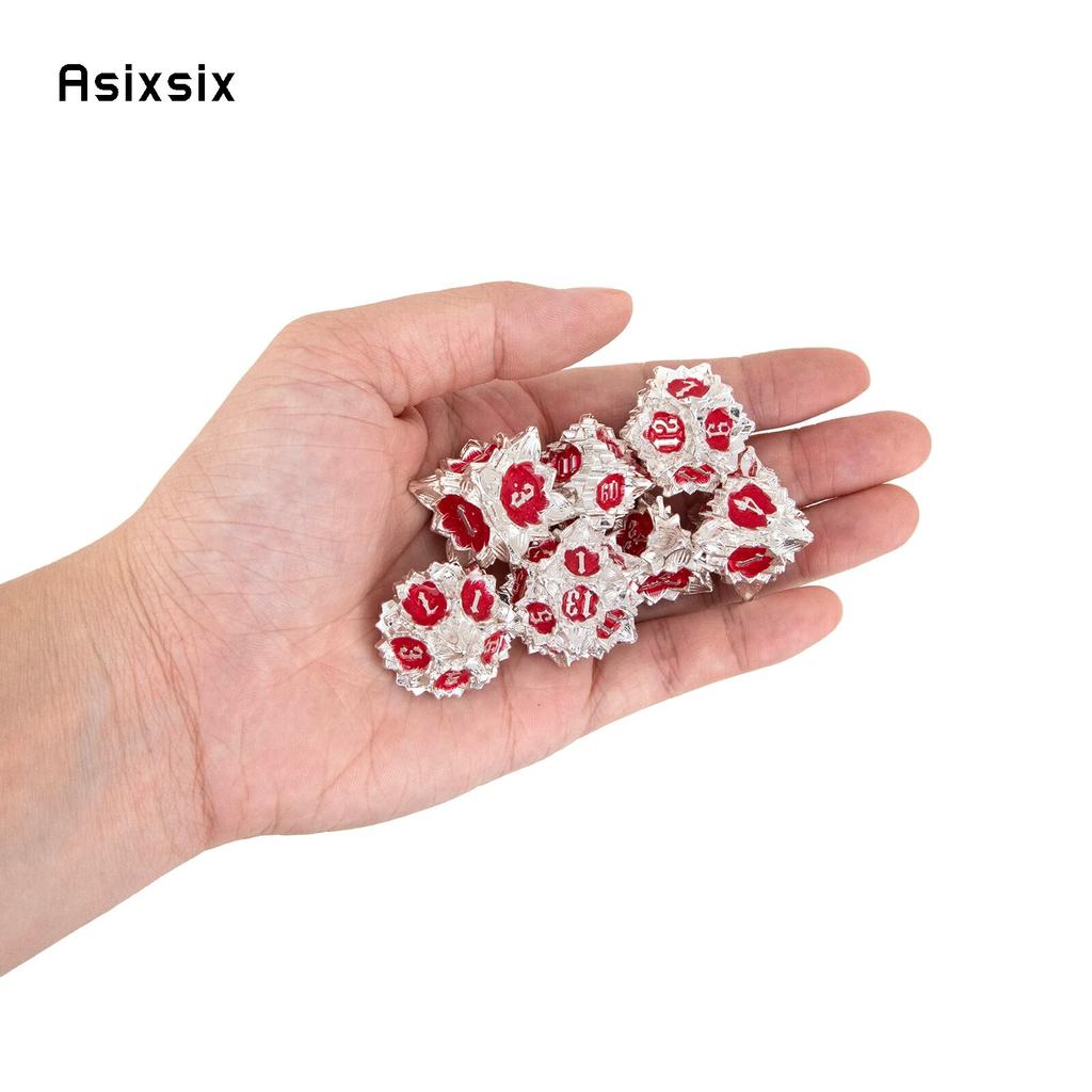 7 Pcs White Red Lotus Flower  Metal Dice Solid Metal Polyhedral Dice Set Suitable for Role-Playing RPG  Board Game Card Game