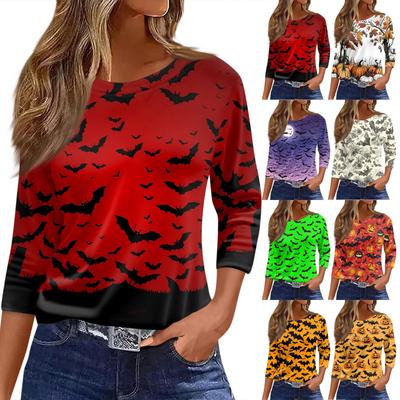 T-shirt da donna stampa Halloween manica 3/4 moda quotidiana basic girocollo regular top