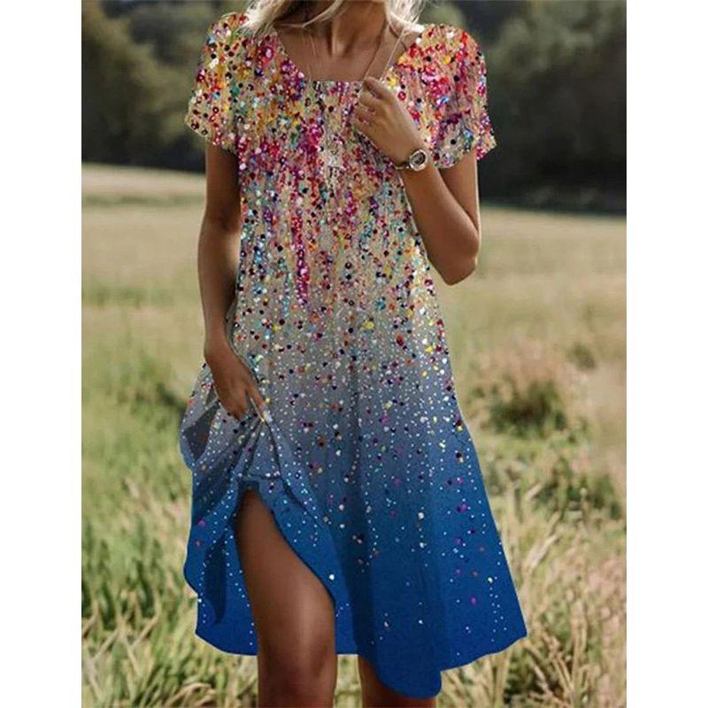

Short Sleeve round Neck Neck Printed Dress Short sleeve round Neck Print Dress Fireworks Color 3XL