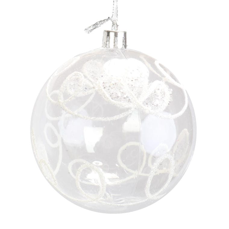 Set of 6 Transparent Plastic Baubles with White Glitter, 8 cm