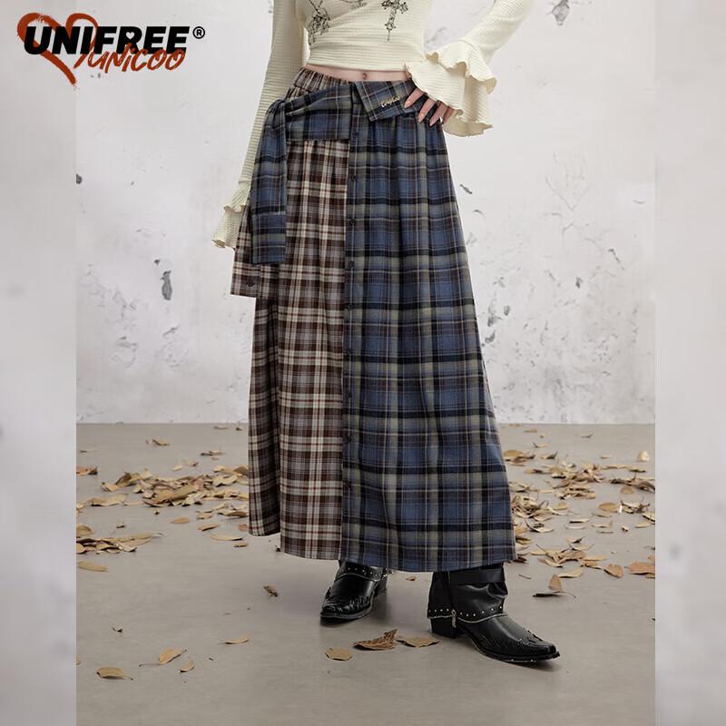 UNIFREE Asymmetrical Color-Block Plaid A-Line Skirt M