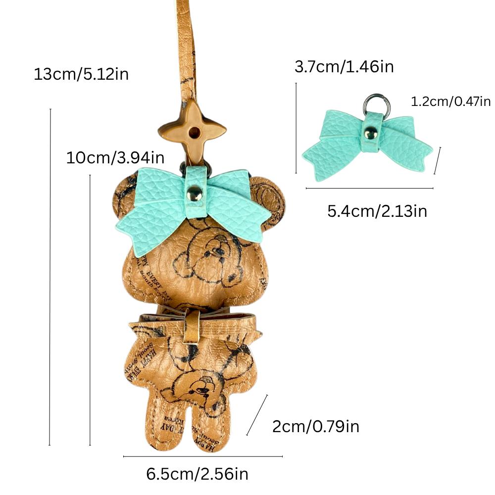 Handmade Leather Bear Bag Charm/Keychain-Detachable Leather Bow/Four-Leaf Clover Bead-PU Leather-Cute Animal Carrying Accessory