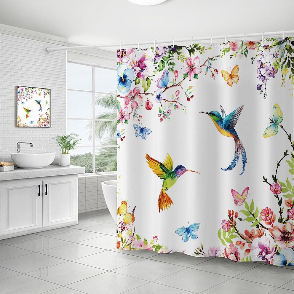 Bathroom Waterproof Curtain Digital Printing Tree Branches Bird Shower Curtain Free Punching Toilet Partition Curtain Shower Cloth