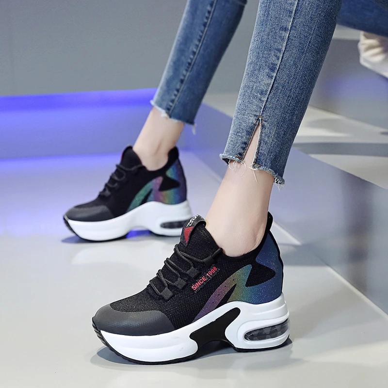 Fashion 2025 Spring Heel Shoes Women Inner Heightening Sports Shoes Fashion Flower Wedge Female Sport Shoes Student Sneakers
