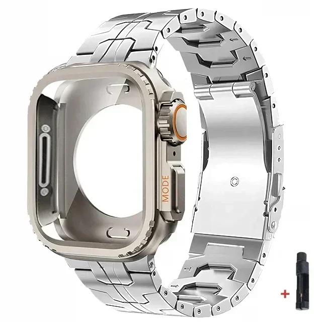 

Титановый ремешок + Улучшенный чехол Ultra для ремешка Apple Watch 45 мм 44 мм Полностью закрытый металлический браслет для Iwatch Series 9 8 7 6 SE 5 4 45mm серебряный