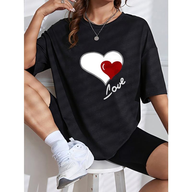 Crewneck T Shirt White Heart Love Print Casual Wear For Women Summer Outfit