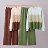 Fashion Suit Casual Contrast Color O-neck Long-sleeved Knitted Sweater High Waist Slim Wide Leg Pants Two-piece Pants for Women