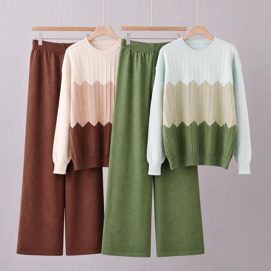 Fashion Suit Casual Contrast Color O-neck Long-sleeved Knitted Sweater High Waist Slim Wide Leg Pants Two-piece Pants for Women