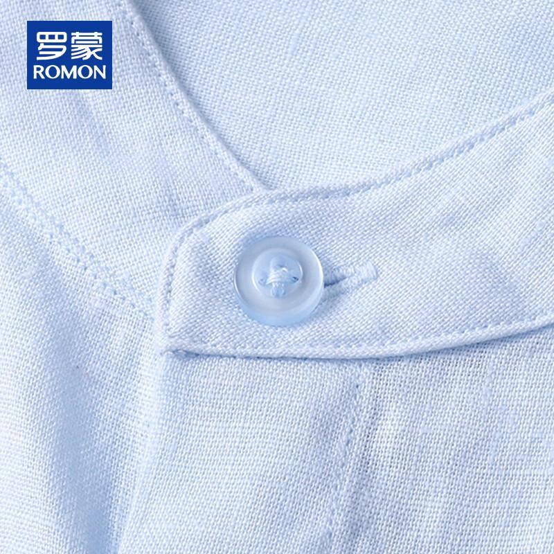 ROMON Men's 100% Linen 3/4 Sleeve Stand Collar Casual Shirt