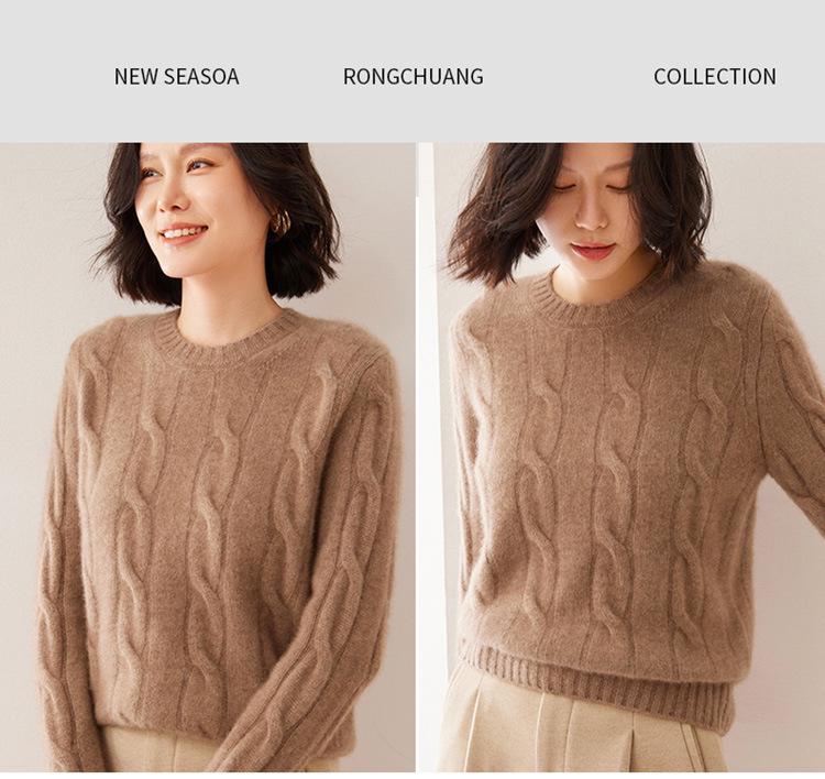 Women's Cozy Cable Knit Cashmere Sweater: Soft, Loose, Round Neck Pullover for Autumn/Winter