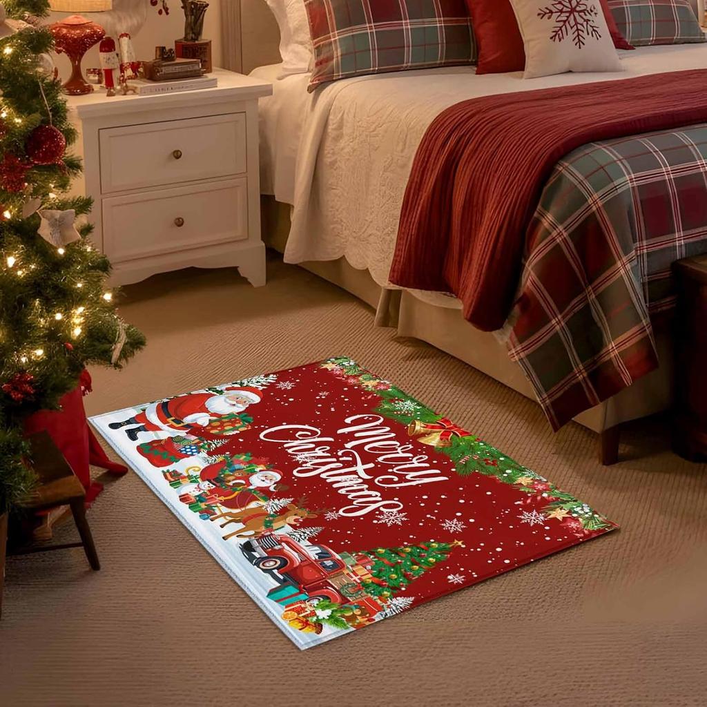 VIKAMA Red Christmas Happy Floor Mat Anti-Slip Washable Entry Floor Mat for Kitchen and Bedroom Winter Seasonal Decoration
