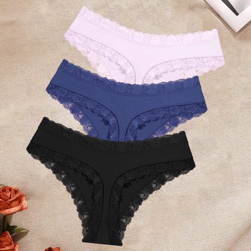 FINETOO 3Pcs/Set Women's Cotton Lace Thongs Underwear Seamless Low Waist Ribbed Breathable Panties Female Soft Comfortable Sexy Lingerie
