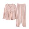 Damen Lycra Baumwoll Pyjama Set: Herbst Langarm V-Ausschnitt Top & Hose, Einfarbig, Lässige Hauskleidung