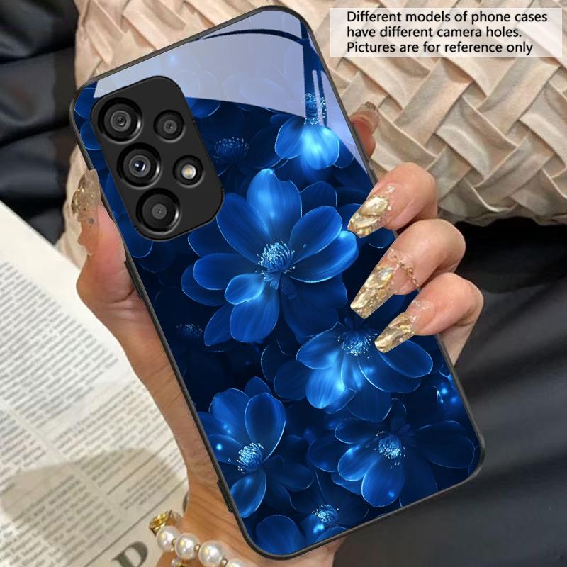 Blue and white flowers For Samsung Galaxy S10 S20 Plus S21 FE S22 23 24 S25 Ultra Black tempered glass phone case hard shell