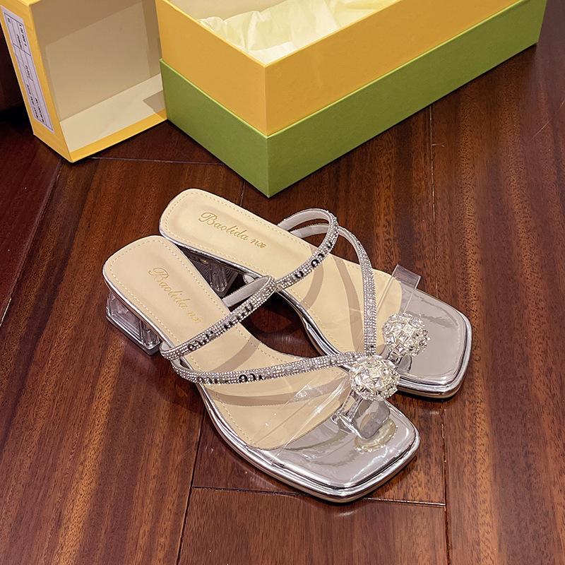 Summer new 2025 crystal sandals with skirt wear high-heeled thick-heeled women's rhinestone cool slippers