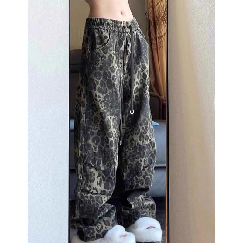 Vintage Leopard Print Wide Leg Jeans for Women Fashion New Hip-hop Street Straight Casual Denim Pants Women High Waist Elegant Jeans Trousers 25107