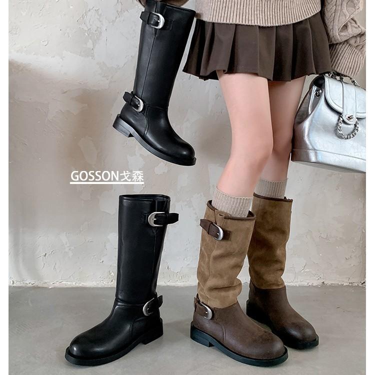 Boots Women's Boots 2025 New Thick Heel Round Toe Splicing Western Boots Pleated Stack Boots Knight Boots