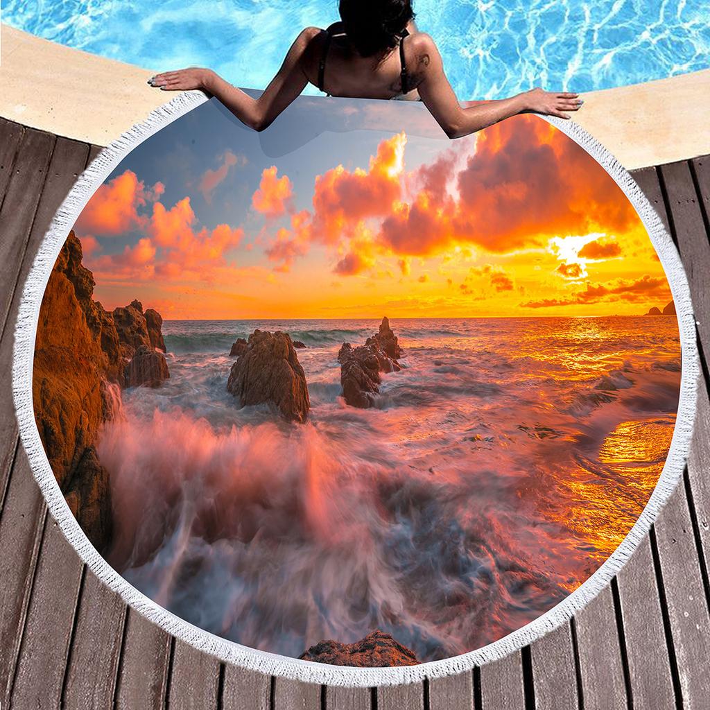 Natural Scenery Sea Rock Round Beach Towel, Ocean Theme Beach Blanket,Soft Absorbent Quick Dry Pool Towel Portable Picnic Mat