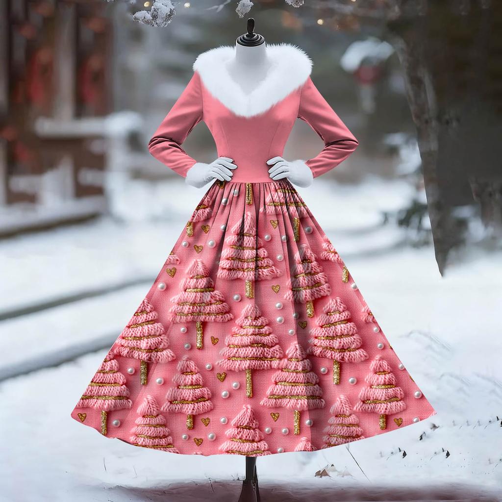 Women's Casual Dress Long-Sleeve V-Neck Patchwork Fleece Christmas Print Dress