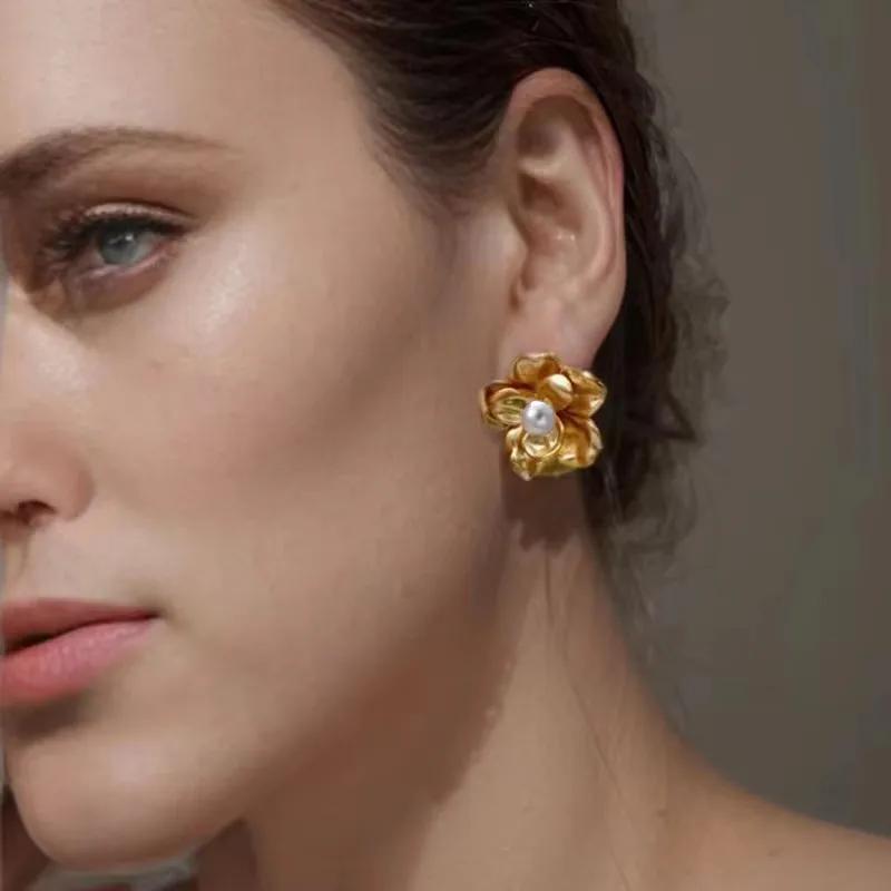 Geometric Stainless Steel Chunky Twist Metal Earrings Trendy Pearl Flower Stud Earring Everyday Statement Jewelry for Her