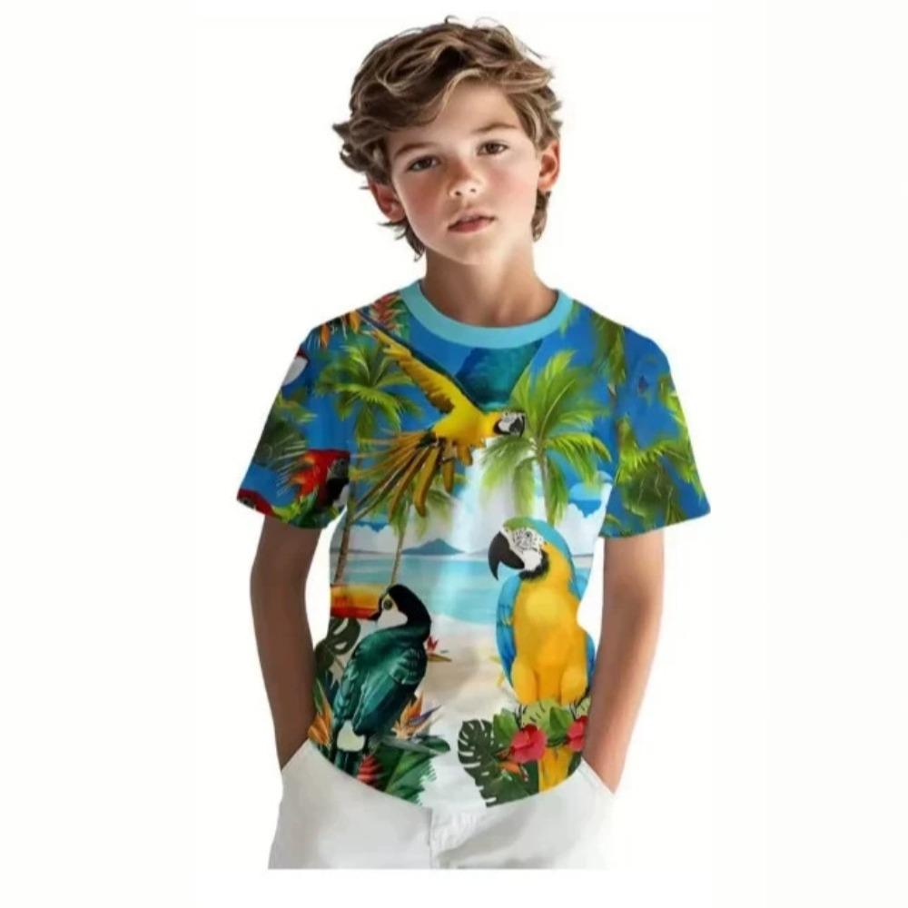 Fashionable Summer Children's T-shirt Parrot Beach Printing Soft Comfortable Breathable Round Neck Short Sleeved T-shirt