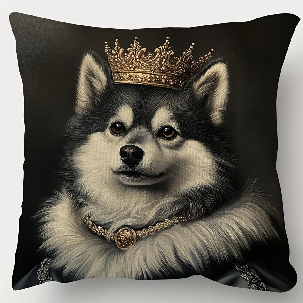 

Royal Dog King Pillowcase Husky Portrait Cushion Cover Gold Crown Animal Art Luxury Pet Decor for Living Room Bedroom Sofa 40cmx40cm