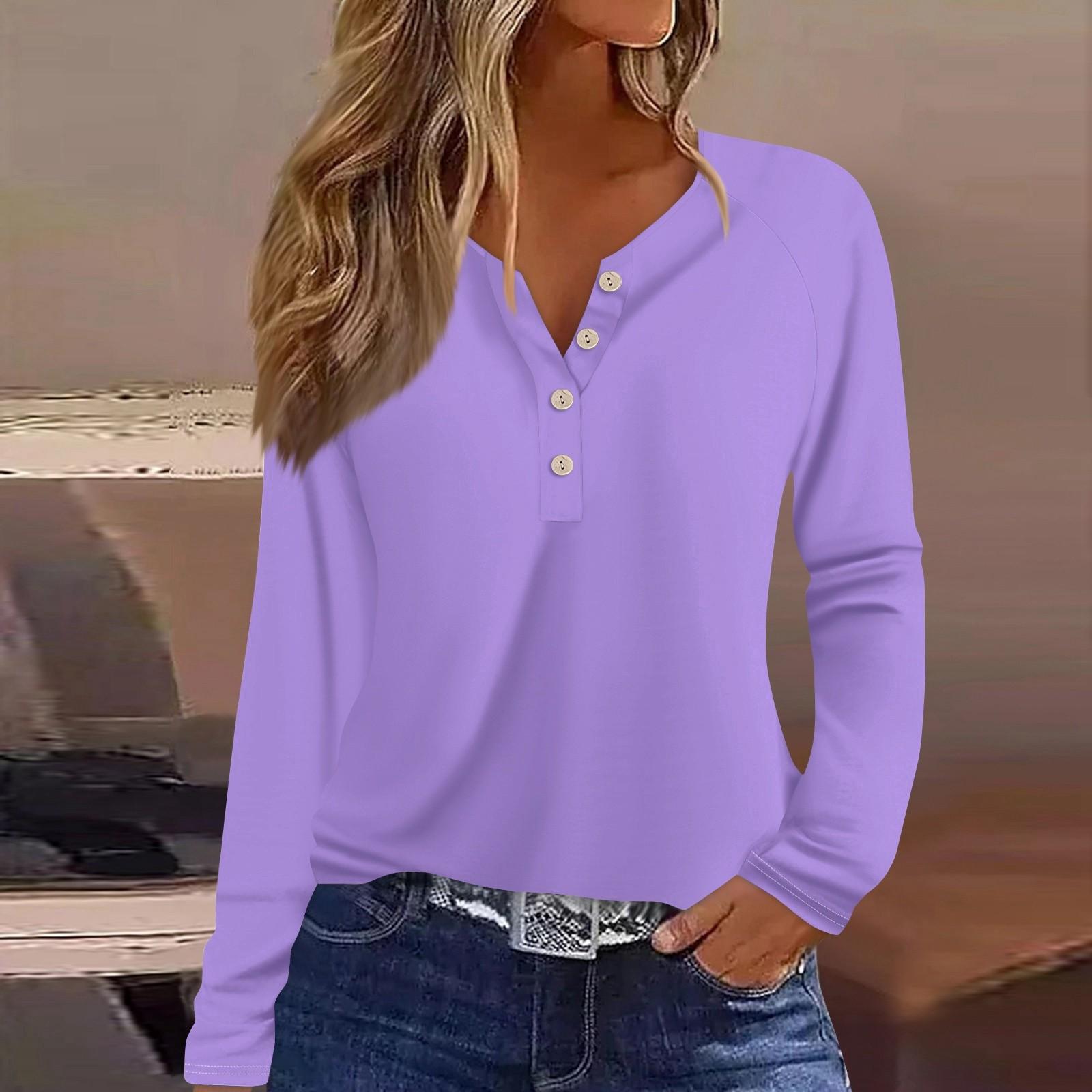 

Женская модная повседневная однотонная футболка с V-образным вырезом и длинным рукавом на пуговицах L фиолетовый