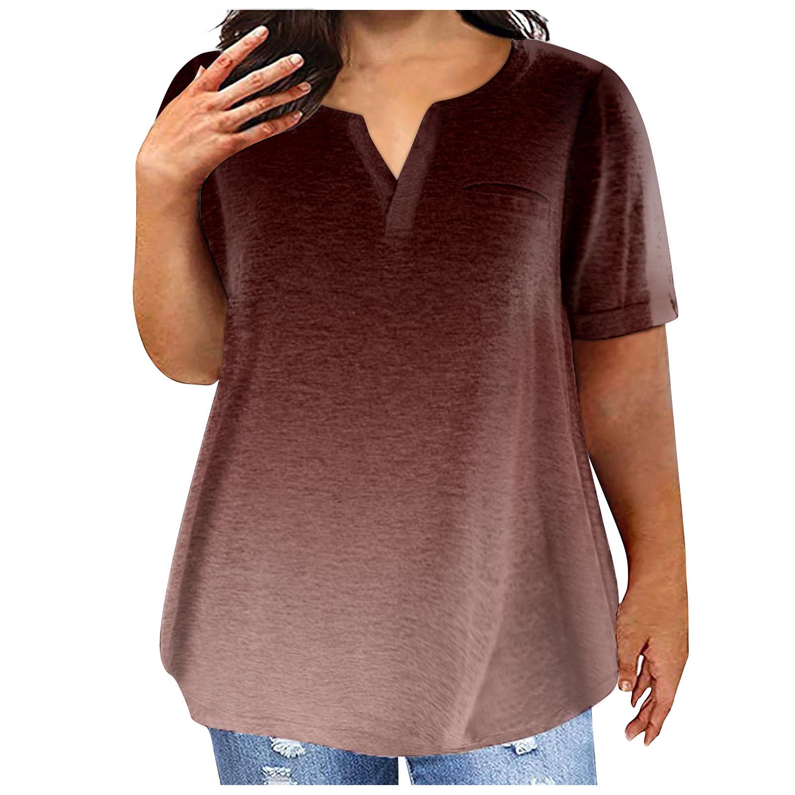 

Модна повсякденна жіноча футболка з градієнтним принтом і кишенями з короткими рукавами та круглим вирізом великих розмірів XL винний