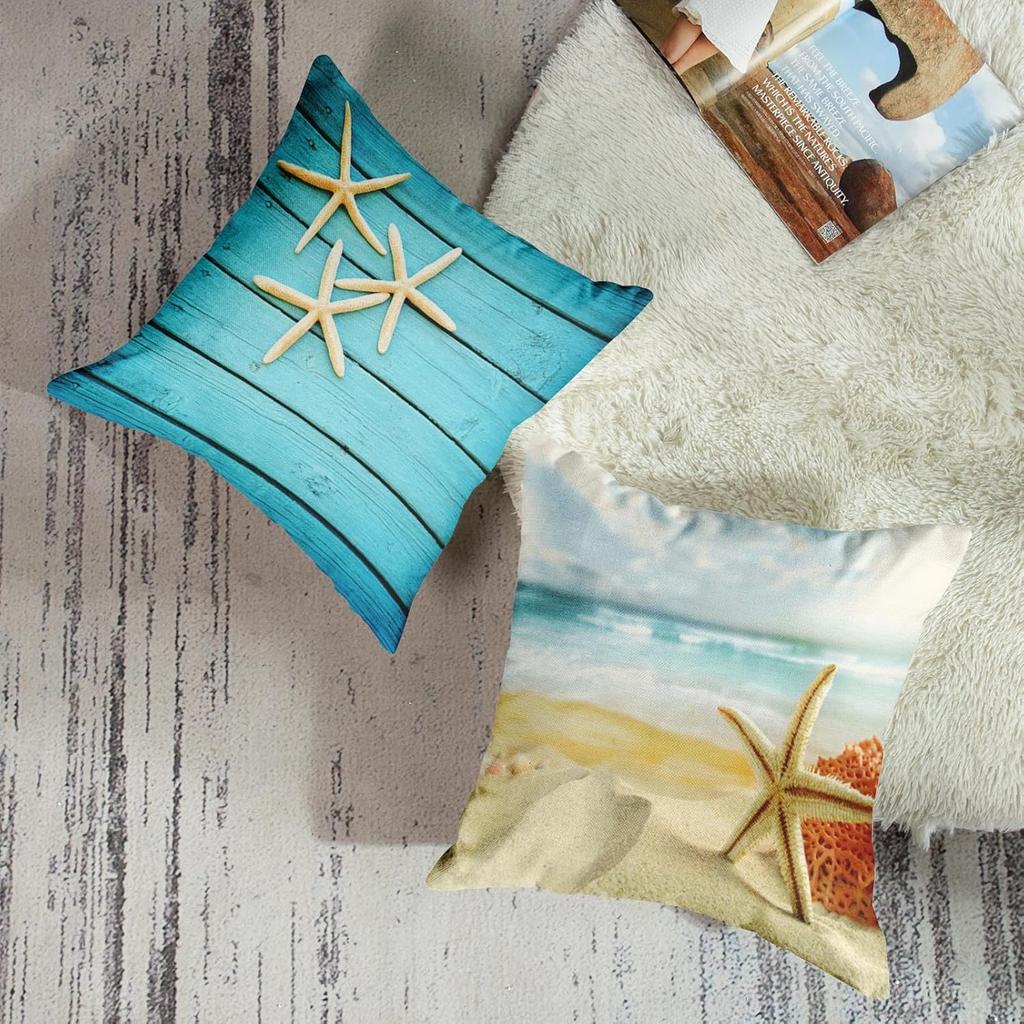 ArtSocket Set of 4 Throw Pillow Covers Starfish and Seashell Summer Beach in Sea Water Time Caribbean Decor Linen Pillow Cases Home Decorative Square