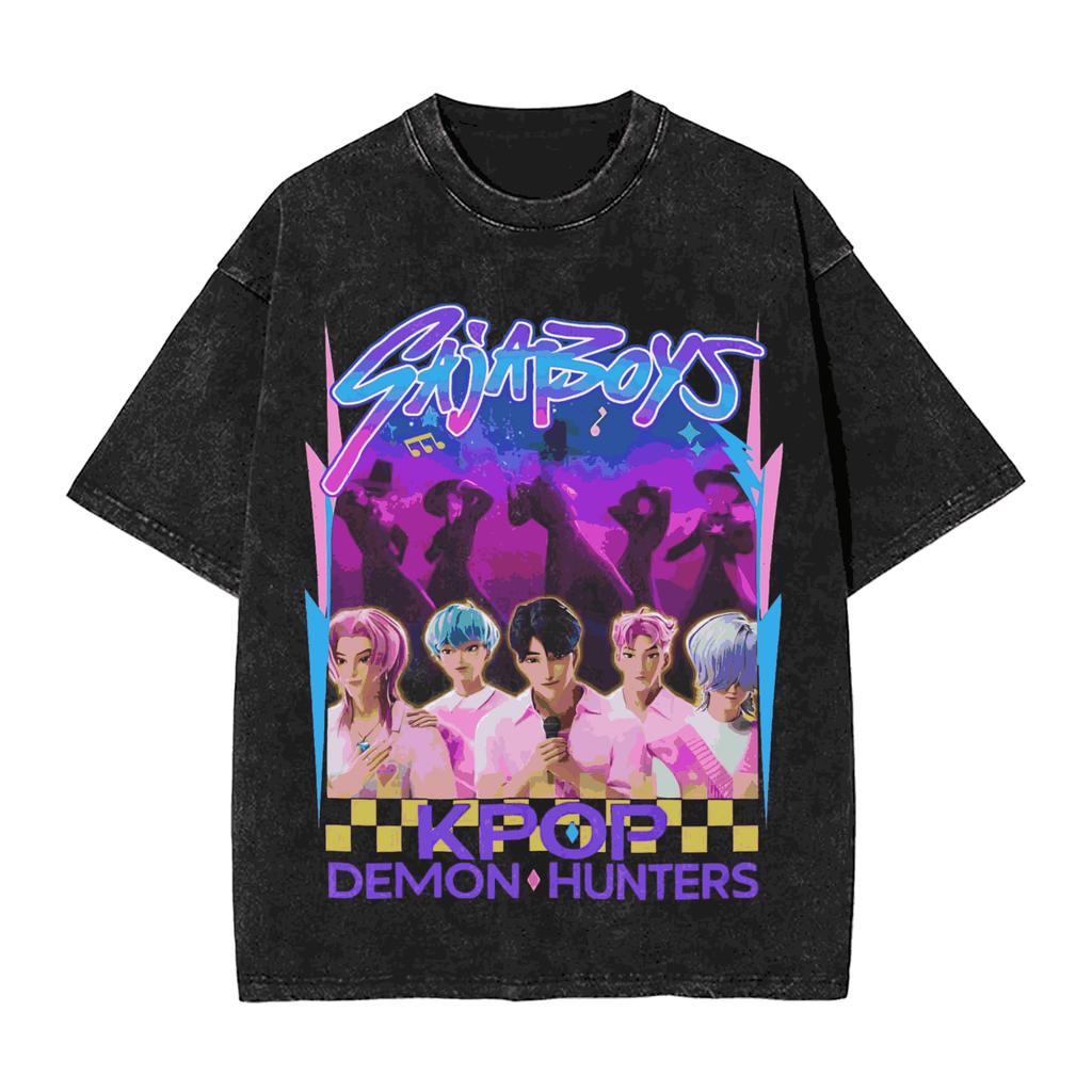 Saja Boys Kpop Demon Hunters Graphic Print T-shirt Men Women Harajuku Vintage Washed Loose Casual Oversized Cotton Short Sleeve Summer New Tee