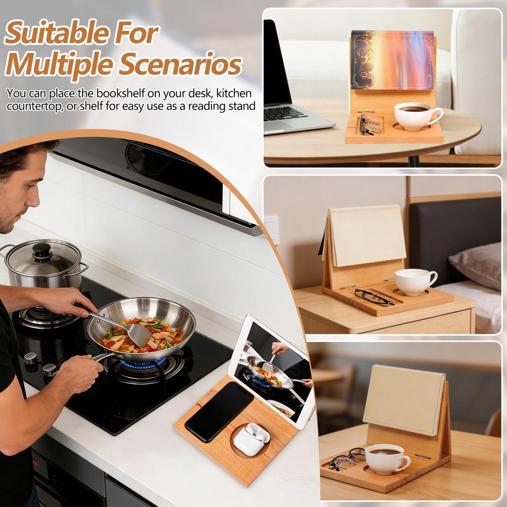 Foldable Reading Stand Wood Book Stand with Storage Tray Innovative Desktop Book Stand Cookbook Holder for Home Office Decor