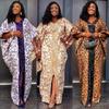 Sequin V-Neck Muslim Patchwork Print Loose Robe Dress