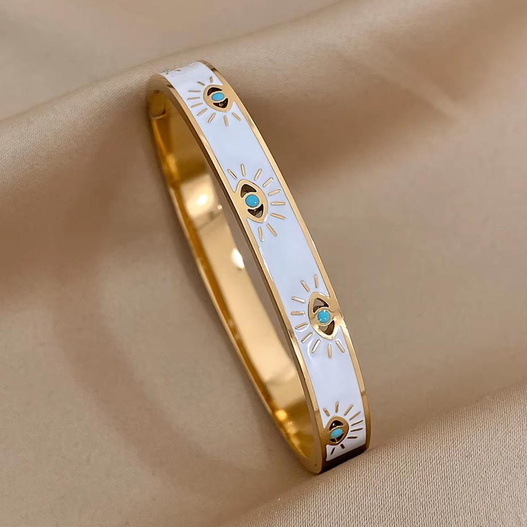 Trendy 316L Stainless Steel Evil Eye Bracelet for Women Charm White Enamel Wrist Waterproof Bangle Multi Epoxy Turquoise Bangle