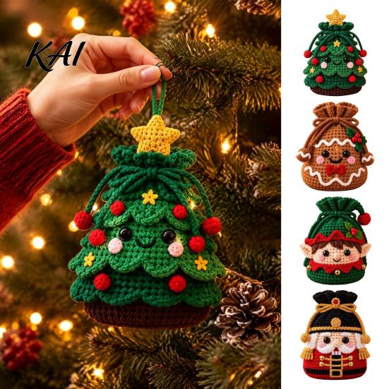 Holiday Home Decor DIY Christmas Crochet Gift Bag Material Kit for Beginners, Handmade Knitted Decoration Bag, Creative Xmas Tree/Elf/Nutcracker