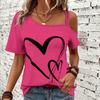 Heart Print Off the Shoulder Short Sleeve Asymmetrical T-shirt Casual Sexy Top with Slight Stretch Micro Elasticity Random Printing Machine Washable