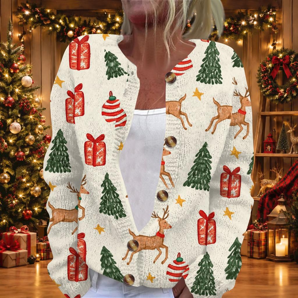 Damen Weihnachtsdruck Langarm Strickjacke, Knopfleiste Feiertagspullover