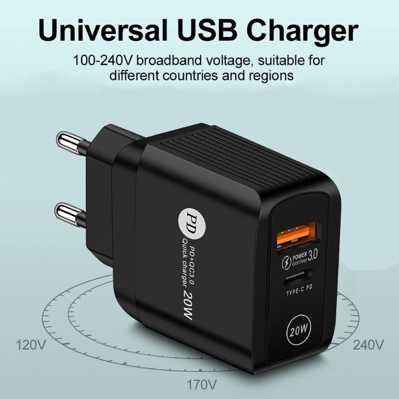 US/UK/EU Plug for QC 3.0 PD USB Charger 20w Type C Fast Charger Power Adapter Travel Phone Charging for Head Accessories