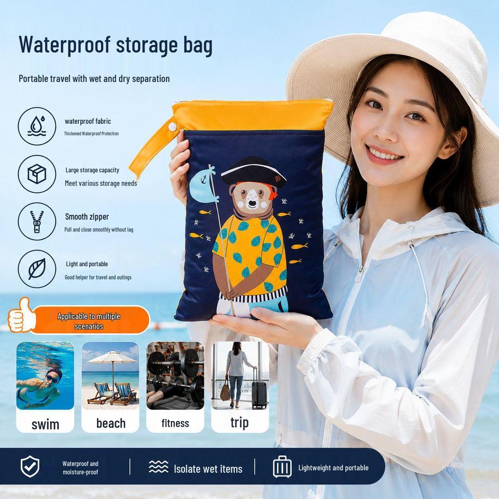 Cross-border Cartoon Print Hanging Baby Storage Bag, Reusable Diaper Bag with Wet/Dry Separation, Double-layer.