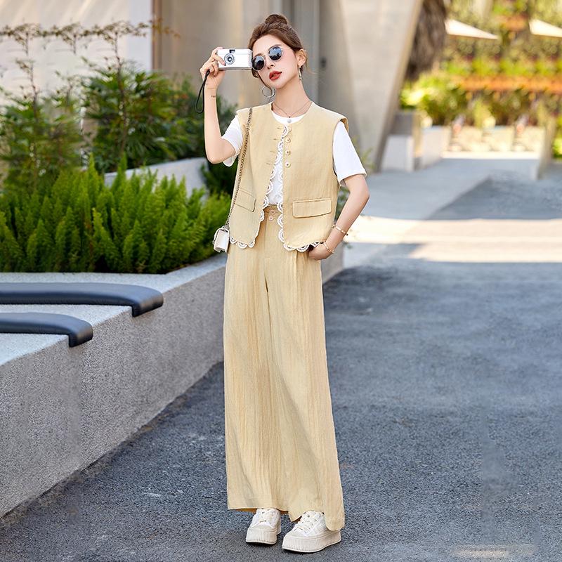 Summer 2025 Women's Age-Defying Three-Piece Set: Stylish Vest, Base Shirt, Wide-Leg Pants - RX9228