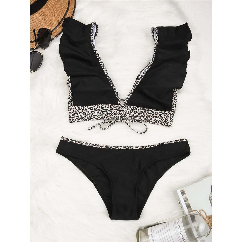 Spleißen Rüschen Bikini Weiblichen Badeanzug Frauen Bademode Zwei-stück Bikini set Blumen Druck Leopard Badende Badeanzug Schwimmen